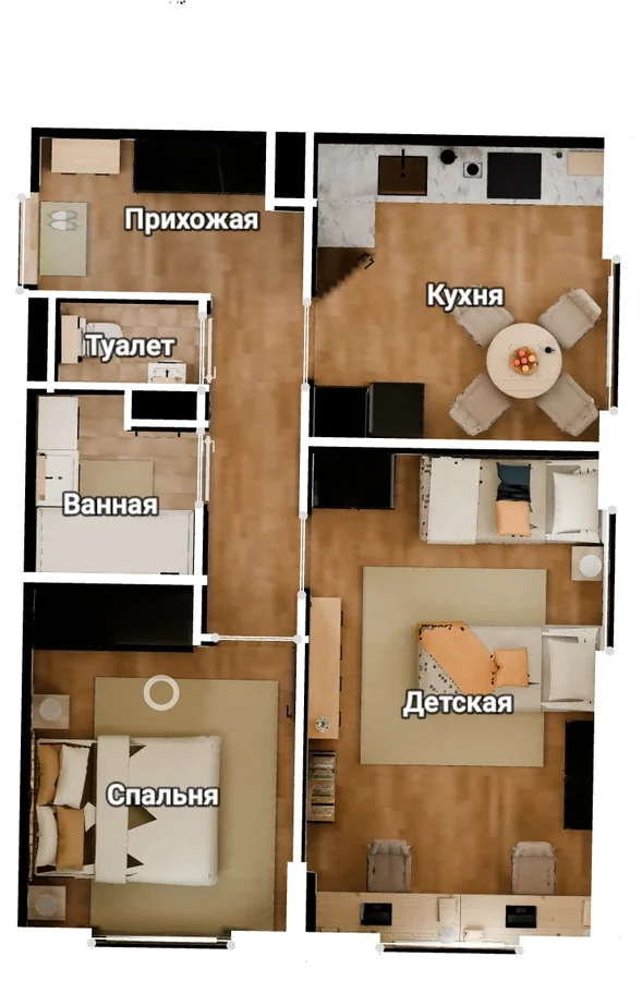 Трёхмерная модель квартиры с мебелью и подписями комнат